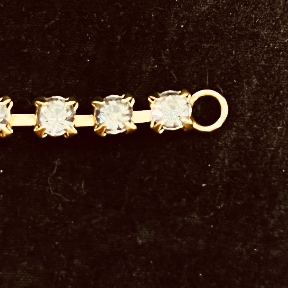 Vintage Gold Tone Blue And Clear Rhinestone Floral Tennis Bracelet (3800) - Picture 8 of 9